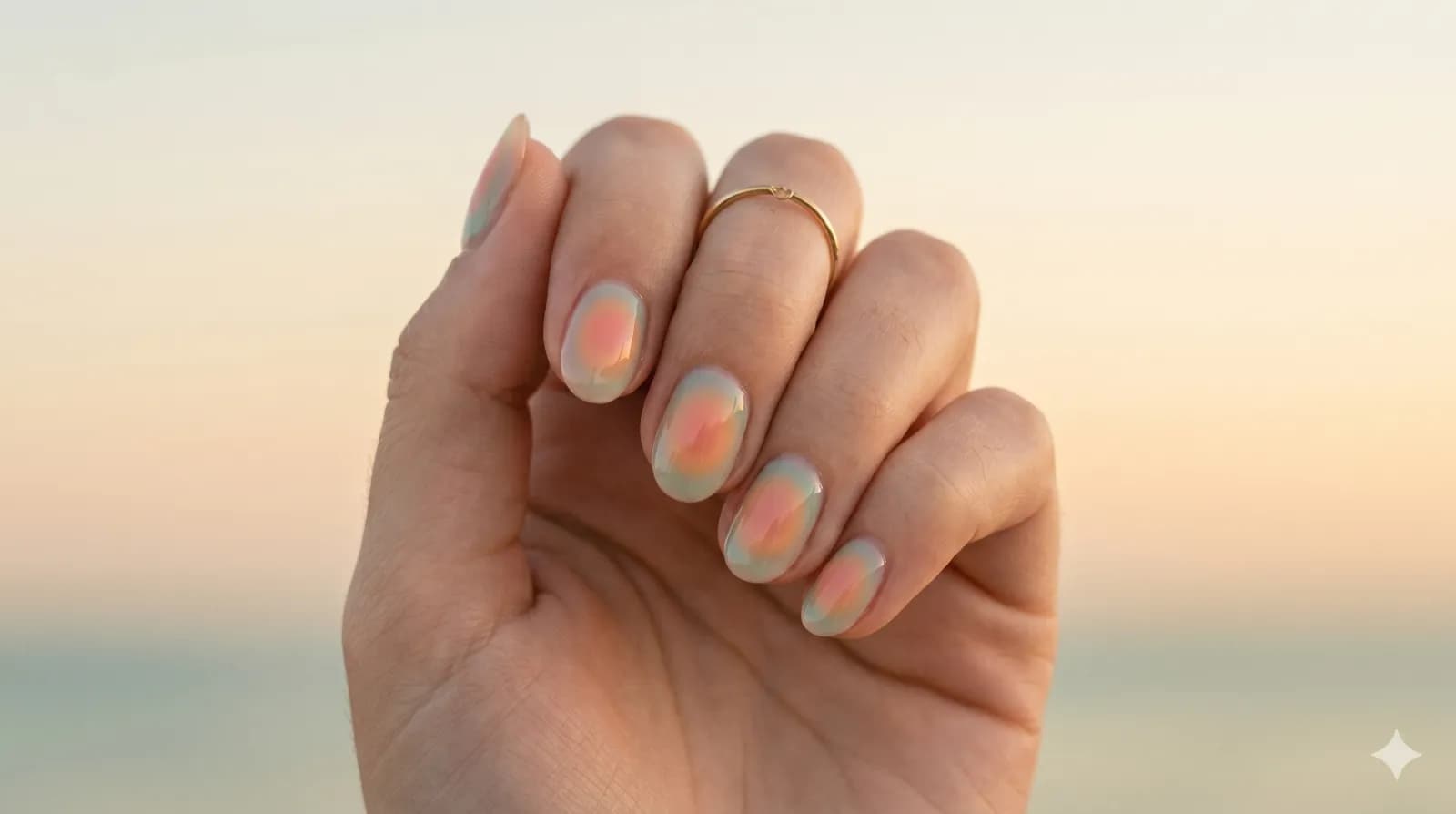 Aura-Nägel in einer Sunset-Palette aus Melon Pink und Orange