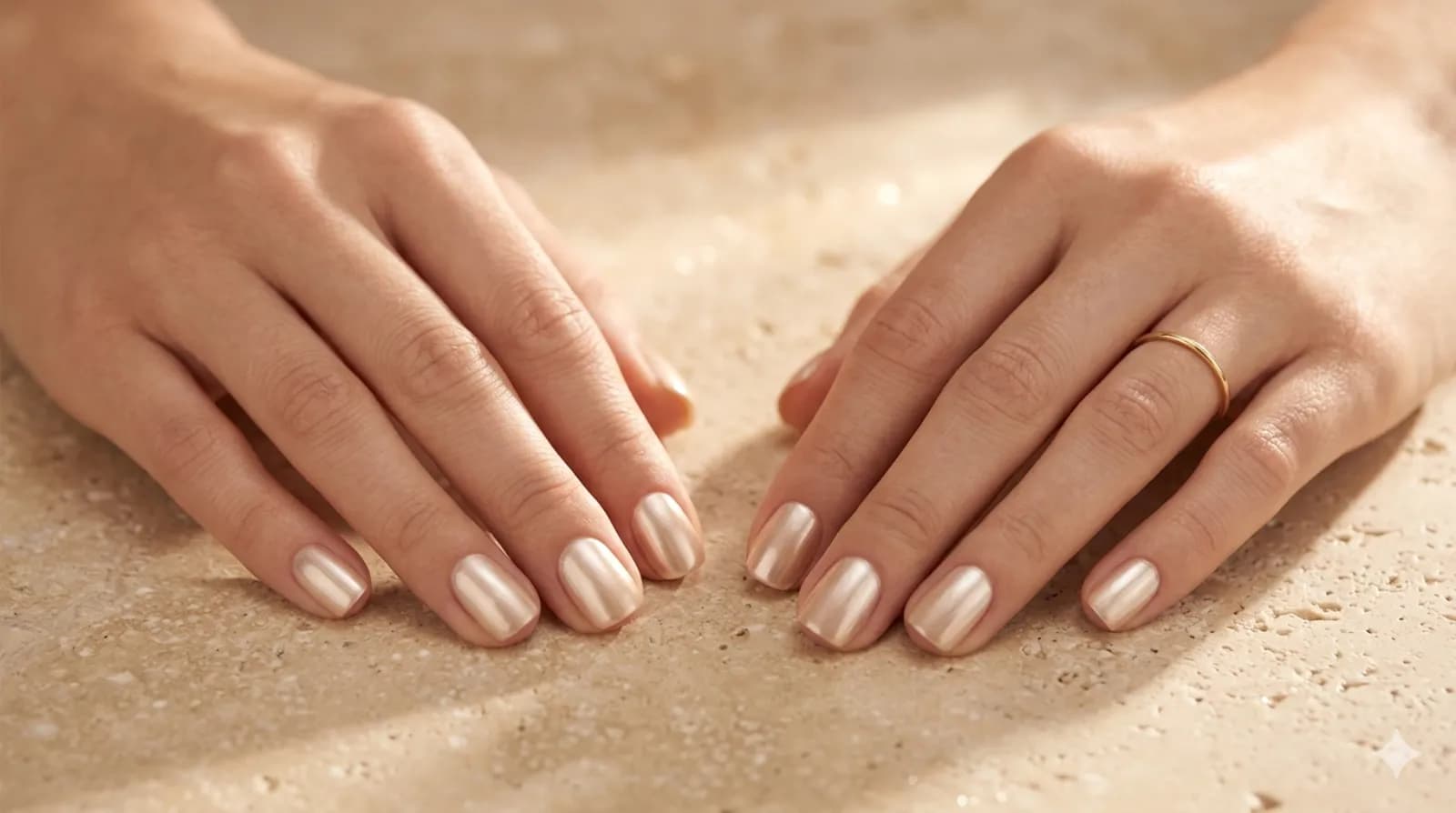 Champagne pearl chrome manicure on short squoval nails
