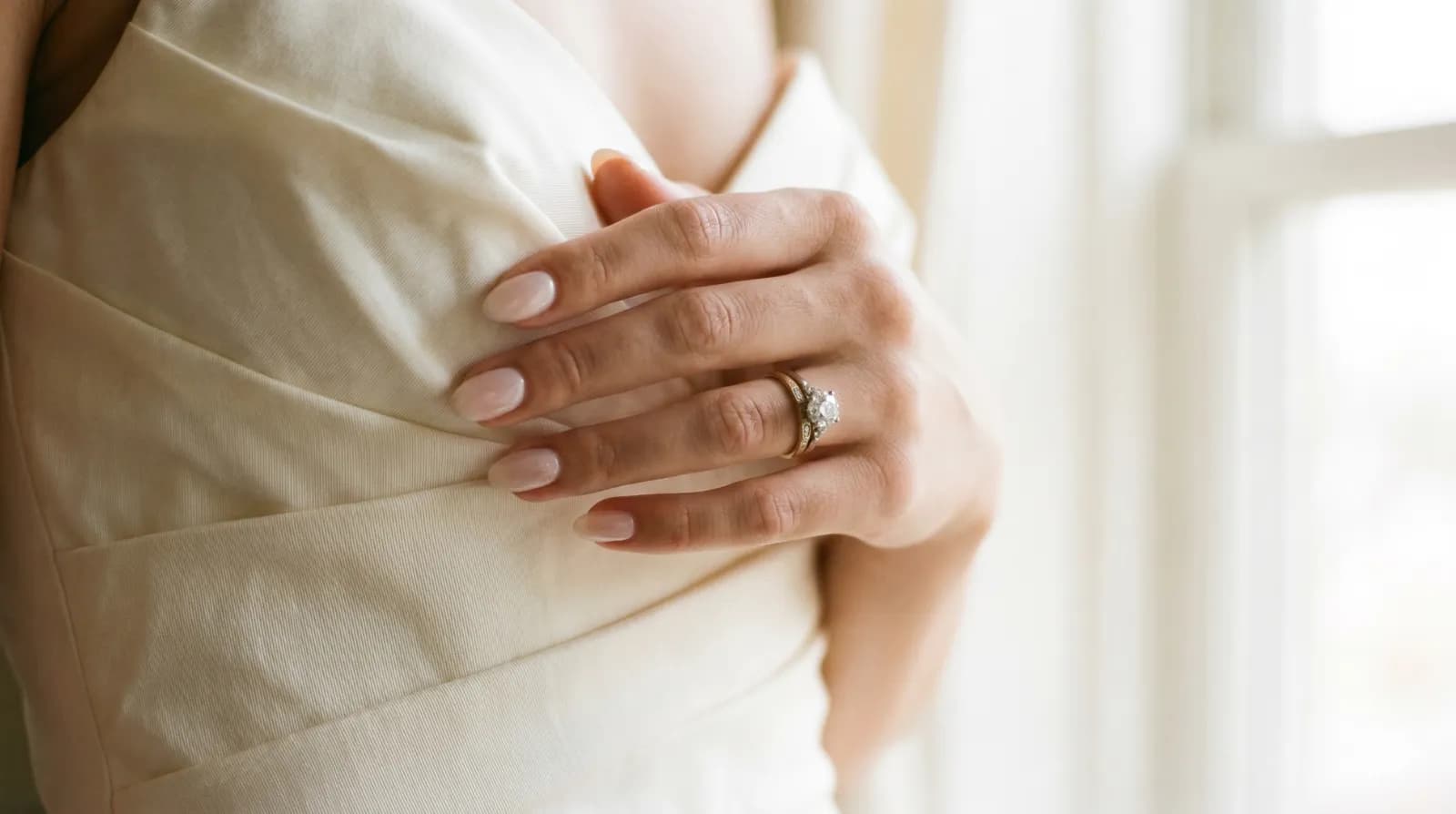 Bridal manicure in sheer milky blush with pearl shimmer